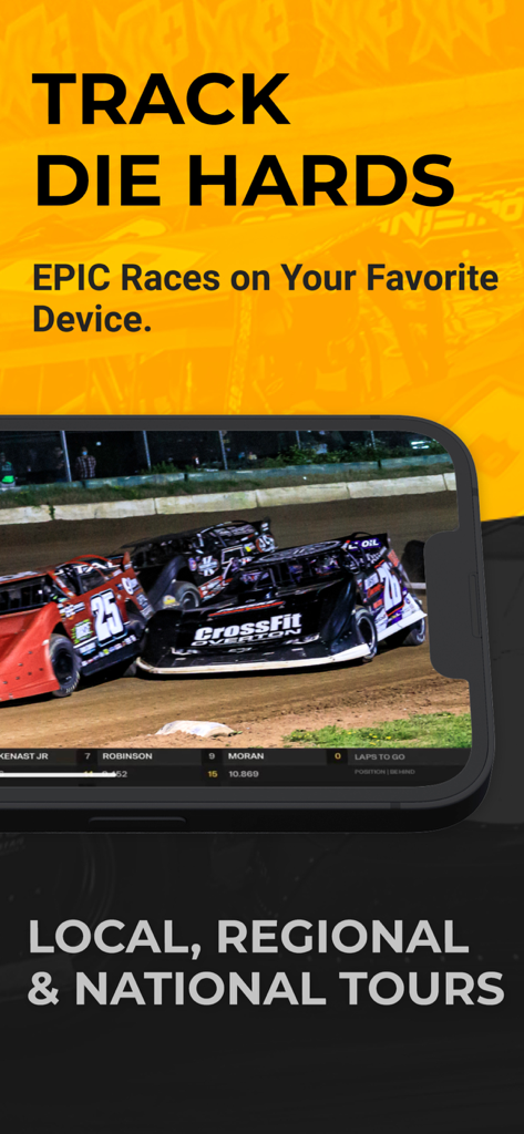 XR Events + - Smartphone displaying a dirt track race on the XR Events Plus app with text for track die hards