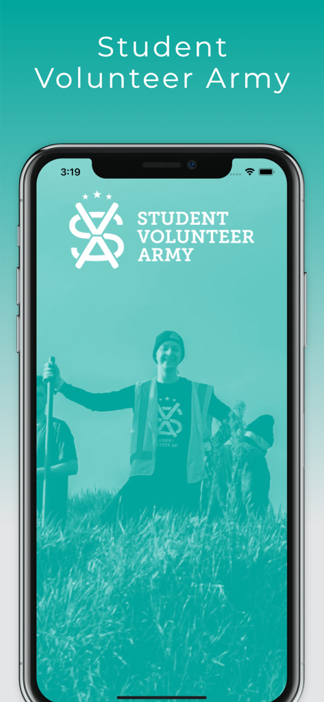 SVA - La pantalla de bienvenida de la aplicación Student Volunteer Army con el logo de SVA y un voluntario estudiantil.