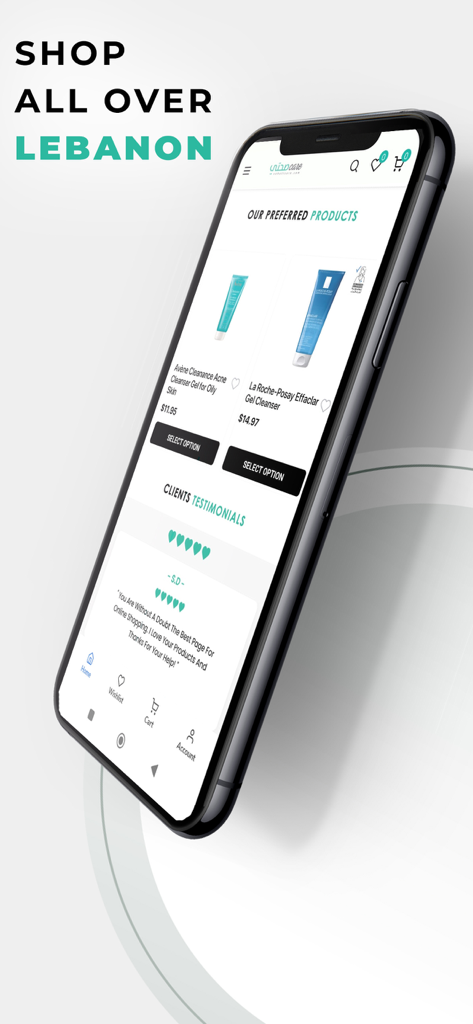Sohati Care - Sohati Careモバイルアプリ画面は、好みのダーモコスメ製品と顧客の証言を表示しています。