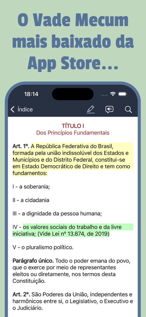 Vade Mecum 2026 Direito Brasil - Interface of Vade Mecum 2026 app with highlighted Brazilian legal articles