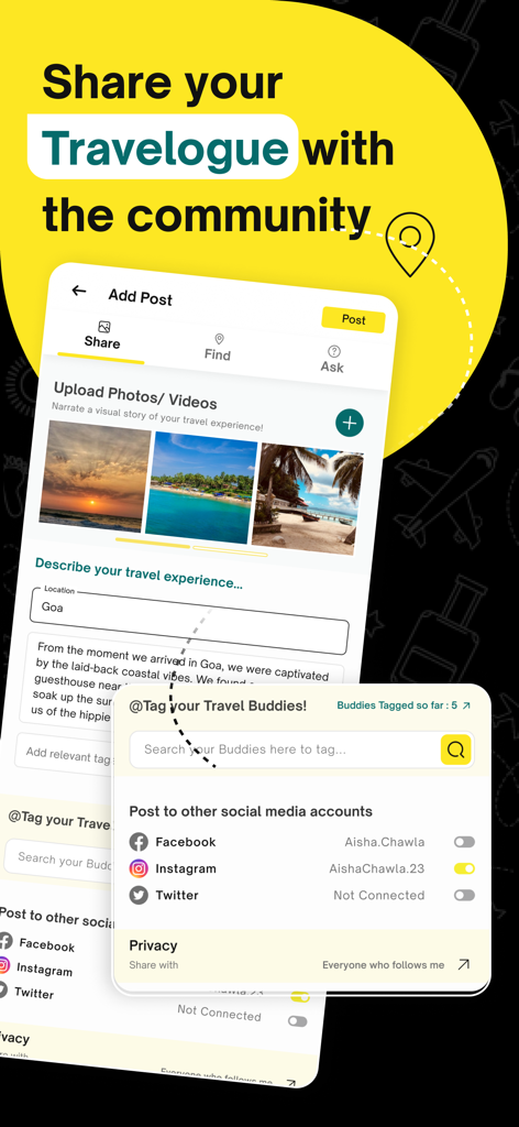 A mobile interface of the Travel Buddy app showing the creation of a travelogue post with photo uploads and social media sharing options