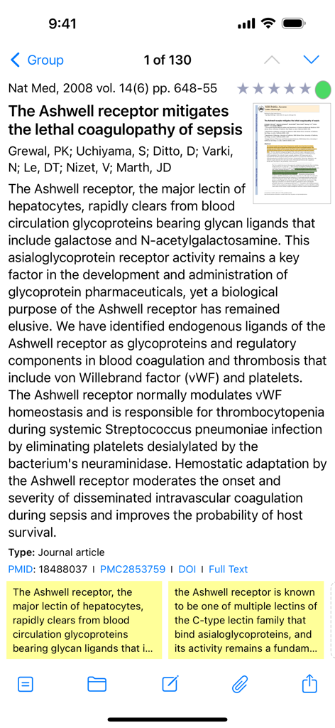 PubMed On Tap - PubMed On Tap mobile app interface displaying a scientific journal article abstract with title, authors, and publication metadata.