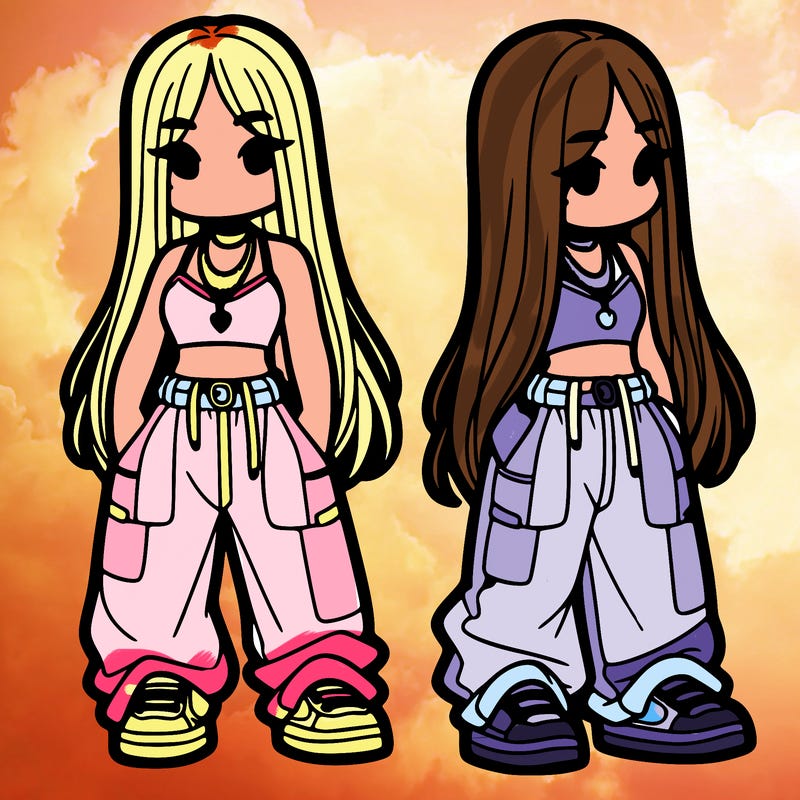 girl in baggy pants crop top and long hair