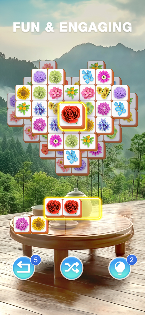 Tile Journey - Classic Puzzle - Pantalla del juego Tile Journey mostrando losetas de combinación floral en forma de corazón sobre un pacífico paisaje zen de montaña.