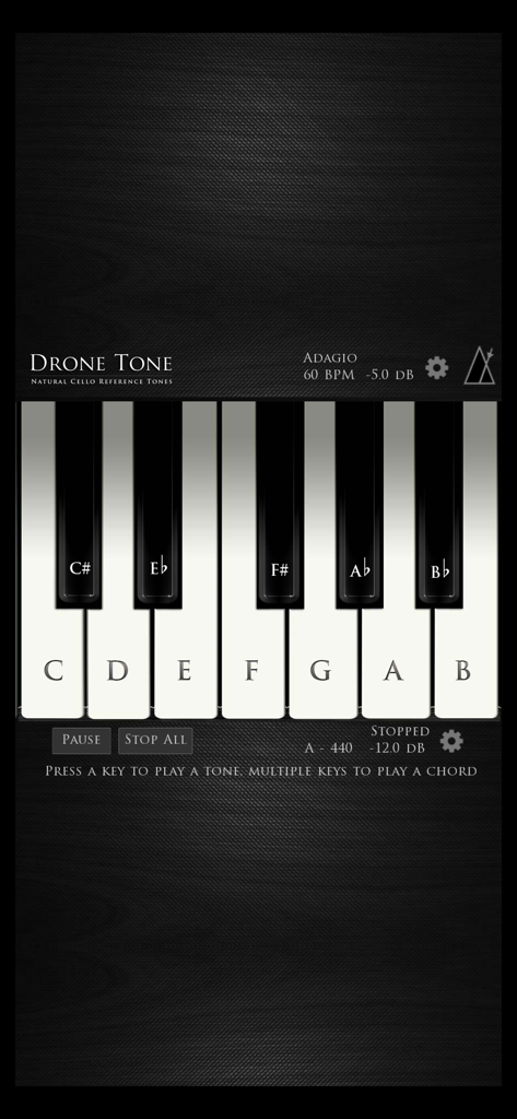 첼로 참고 톤을 선택하기 위한 피아노 건반이 있는 DroneTone Concertmaster 앱 인터페이스