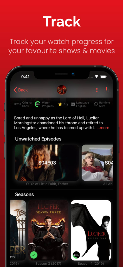 Originals for Netflix - Uma tela de smartphone exibindo o recurso de acompanhamento do aplicativo Originals for Netflix com progresso de visualização e listas de episódios da série Lucifer