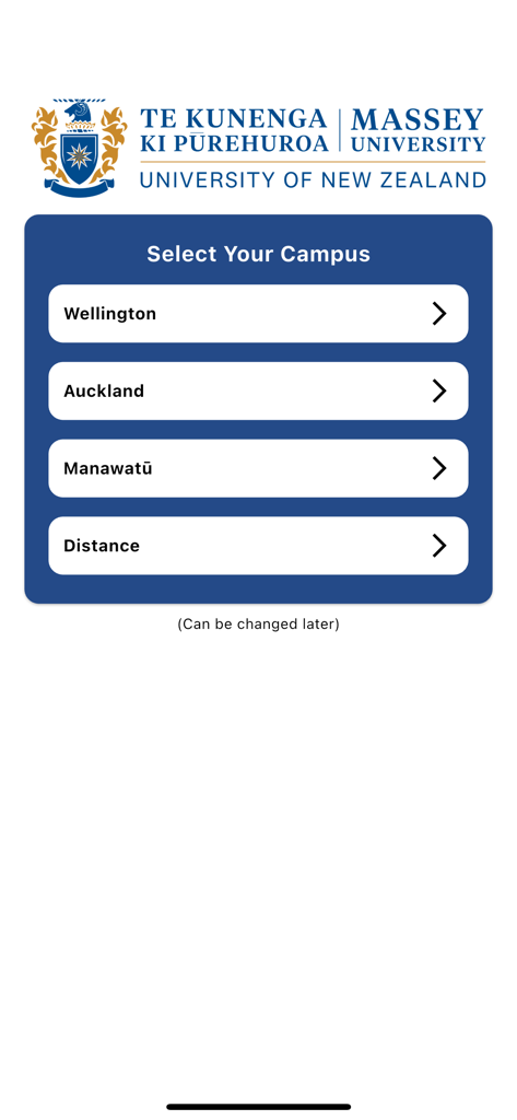 Massey Uni app campus selection screen with buttons for Wellington Auckland Manawatu and Distance study
