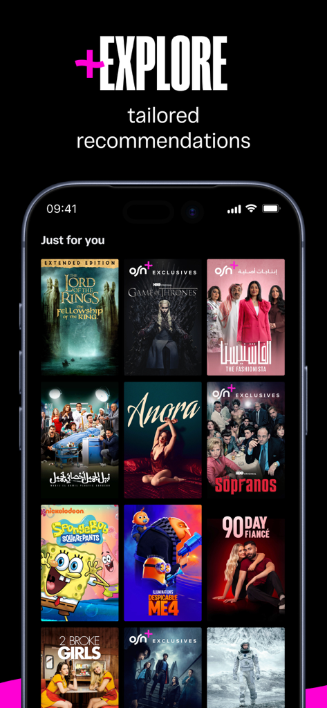 OSN plus app interface displaying personalized movie and series recommendations including both Arabic and Hollywood titles
