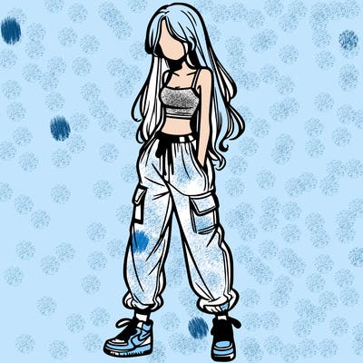 girl in baggy pants crop top and long hair