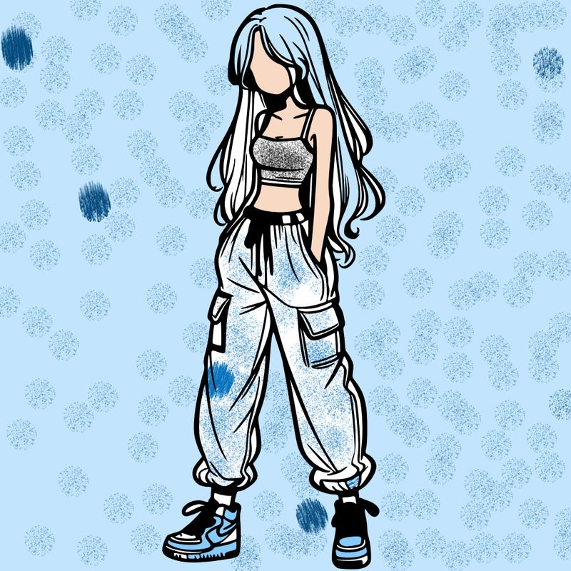 girl in baggy pants crop top and long hair