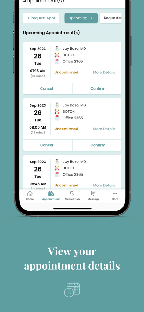 IMS Care - IMS Care app screen displaying upcoming medical appointment details and scheduling options.