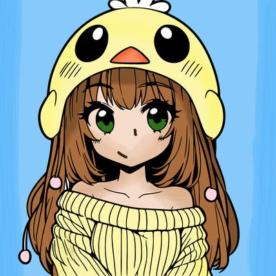 anime girl with chick shaped hat with sweater with bare shoulders with bangs covering them one eye with low tail