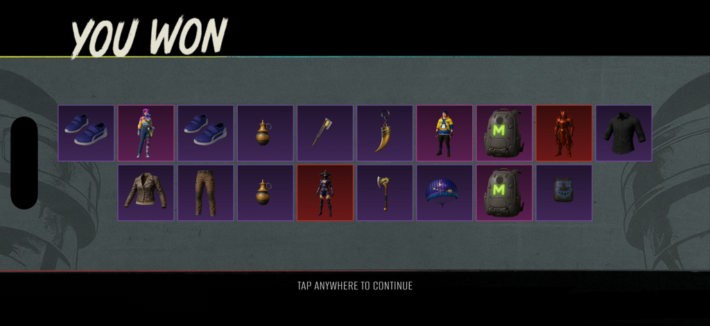 A screen displaying YOU WON with a grid of simulated loot items like skins and weapons in Crate Opening Battle UC