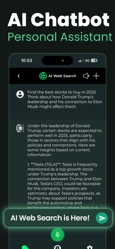 AI chatbot interface providing web search results for stock market insights