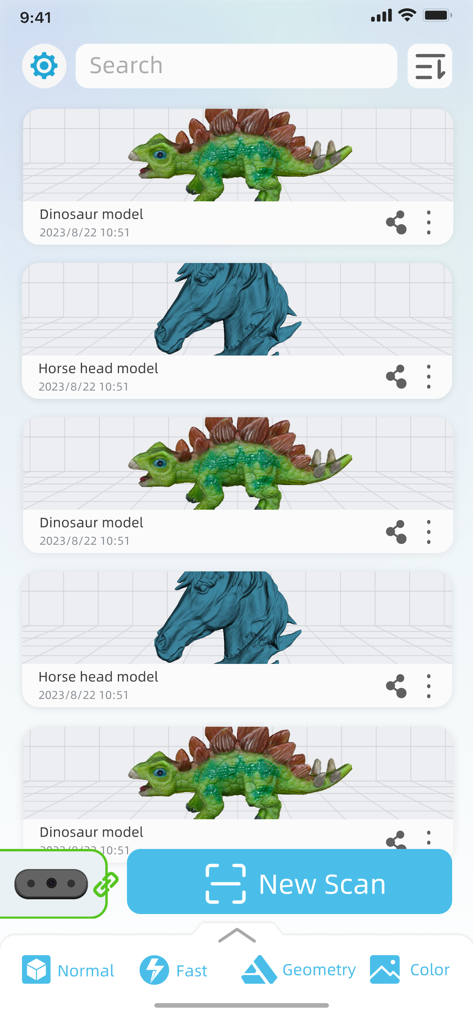 Screen of the Creality Scan app displaying a gallery of 3D models like a dinosaur and horse head.