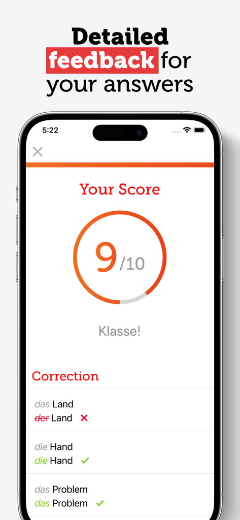 A mobile screen showing a score of 9 out of 10 for a German grammar exercise with detailed corrections for nouns and articles.