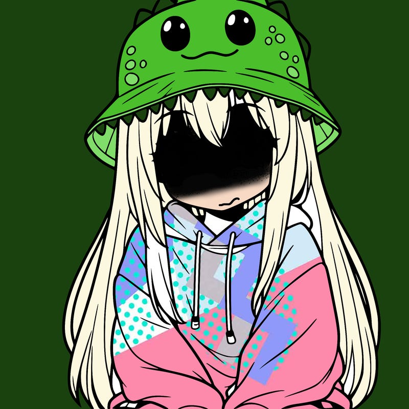 girl with anime shaped eyes with a dinosaur bucket hat oversized sweatshirt long straight hair