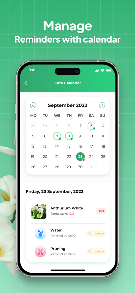 LeafSnap-App-Oberfläche, die einen Pflegekalender mit täglichen Aufgaben zum Bewässern und Beschneiden einer Anthurium-Pflanze zeigt