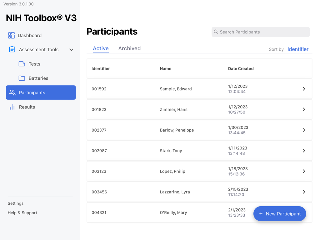 The participants management screen in the NIH Toolbox V3 app showing a table of active study subjects with identifiers and names.
