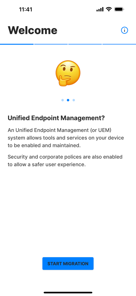 Exodus Companion welcome screen explaining Unified Endpoint Management and showing a start migration button