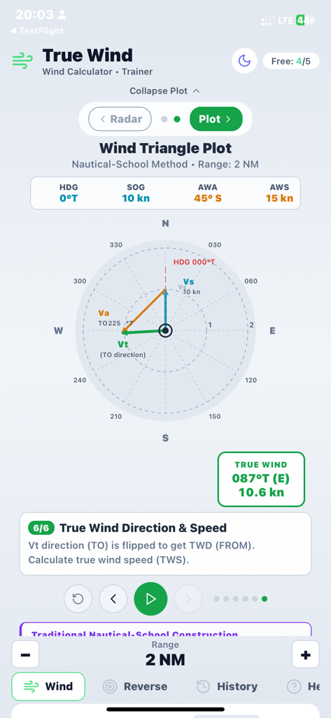 True Wind Pro - Interface of True Wind Pro app showing a nautical wind triangle vector plot.