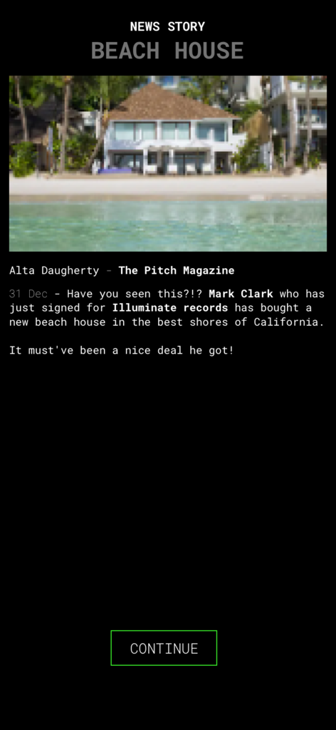 CD Market - Music Label Sim - In-game news story about a music artist buying a beach house in the CD Market simulation