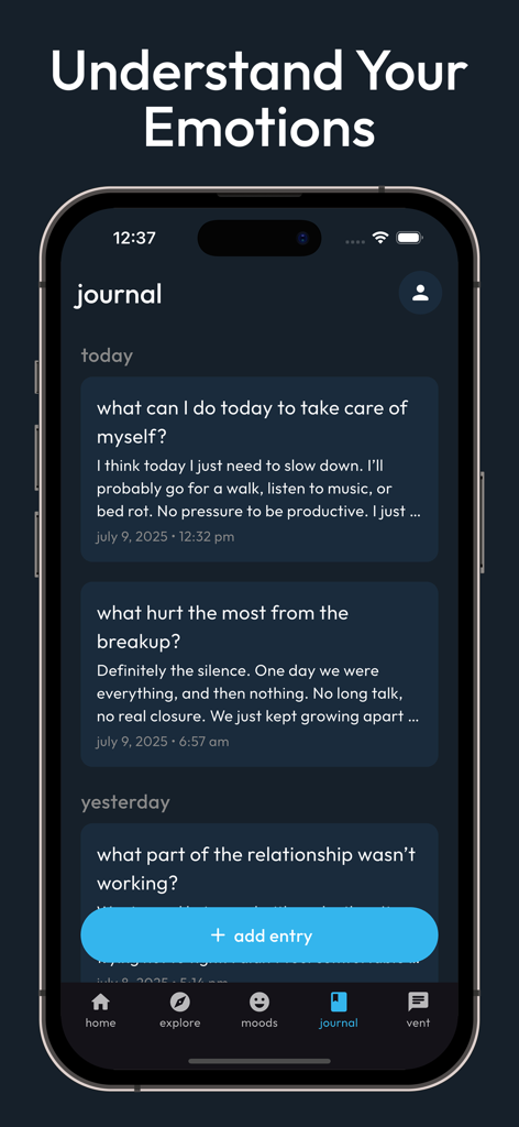No Contact Tracker: After Us - Mobile app screen showing guided journal entries for emotional healing after a breakup