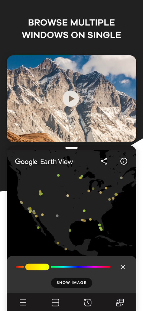 Split Screen - Multitasking - Interfaz de aplicación de iPhone que muestra multitarea de pantalla dividida con un video de naturaleza y un mapa de Google Earth