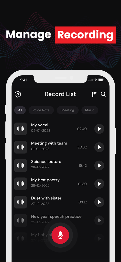 Recorder - Voice Memos - Interface do aplicativo Gravador mostrando uma lista de gravações de voz categorizadas por anotações, reuniões e música.