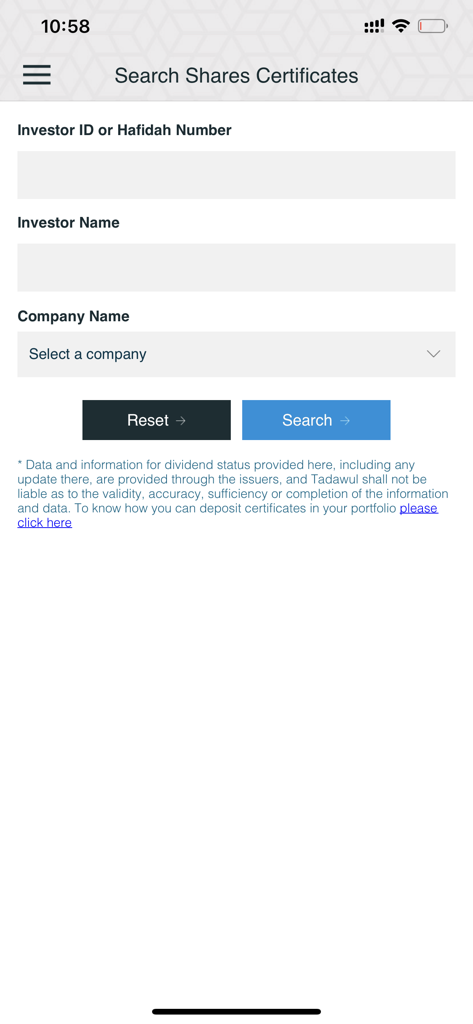 Tadawulaty - تداولاتي - The search shares certificates screen of the Tadawulaty app showing investor ID and company name fields.