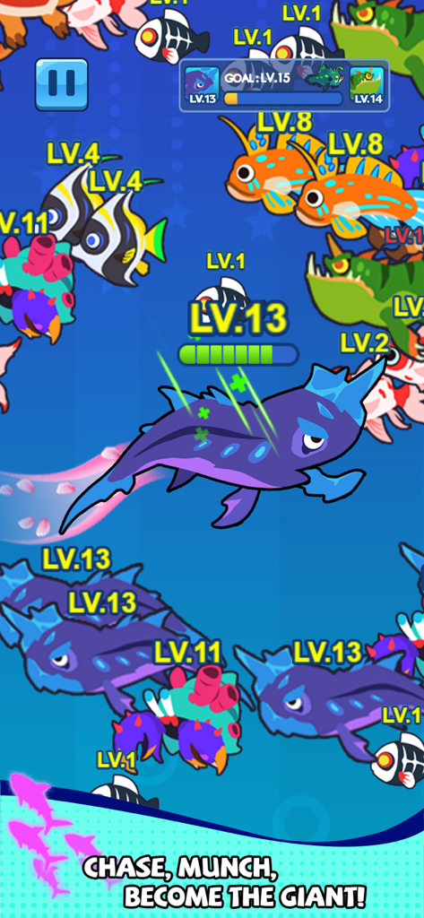 Fish Realm-Ocean Devour - Gameplay screen of Fish Realm Ocean Devour featuring colorful fish and survival mechanics.