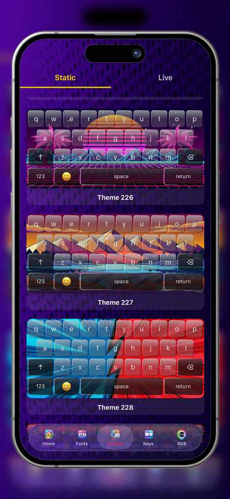 DIY Keyboard: Fonts & Themes - Una galería de temas de teclado estáticos en la app Teclado DIY con diseños retro de atardecer y cómic