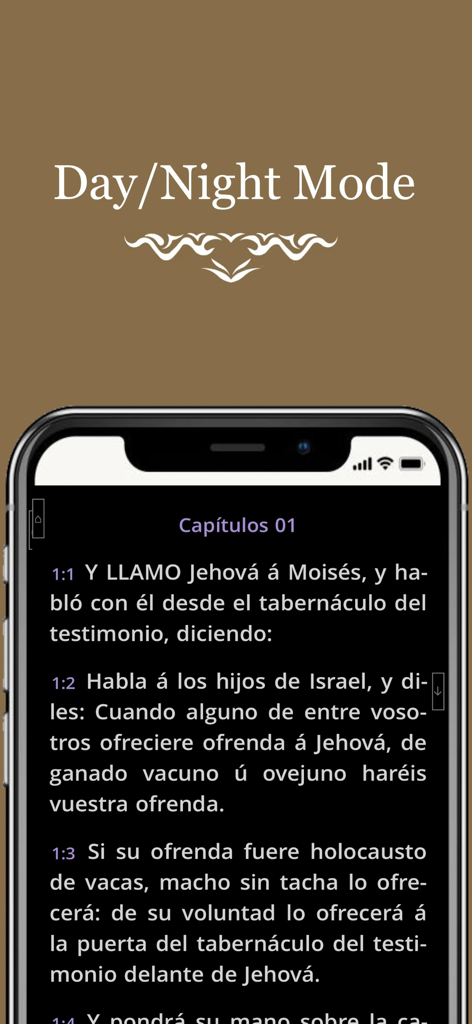 Biblia Reina Valera PRO-no ads - Biblia Reina Valera PRO app interface showing night mode with white text on a black background for comfortable reading