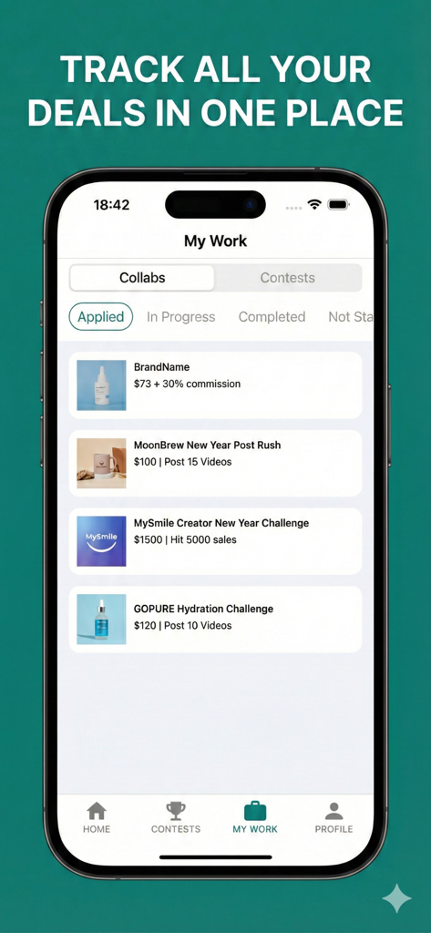 Euka Creator 앱의 인터페이스에 신청한 브랜드 협업 목록과 보상 세부 정보가 표시됨