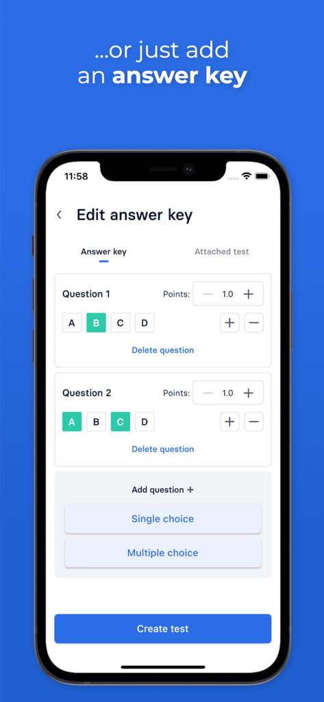 Examica for Teachers - Interfaz de la aplicación móvil de Examica para profesores que muestra el editor de claves de respuestas donde un usuario puede seleccionar las respuestas correctas y asignar puntos para preguntas de opción múltiple.