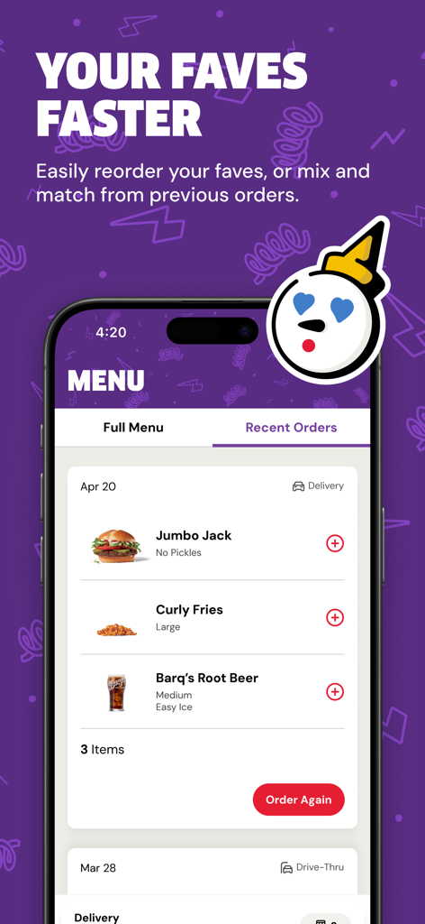 Interface do app Jack in the Box mostrando o histórico de pedidos recentes com um botão de repetição para uma refeição Jumbo Jack