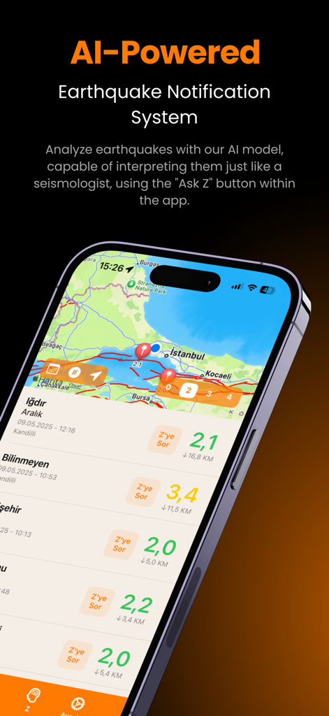 Smartphone displaying the Zelzele app earthquake notification system with AI analysis and a seismic map