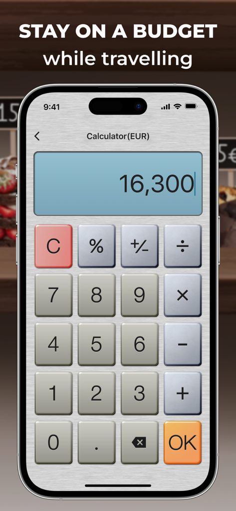 Currency Converter Plus Live - Currency Converter Plus app interface featuring a built-in calculator for travel budgeting in Euros