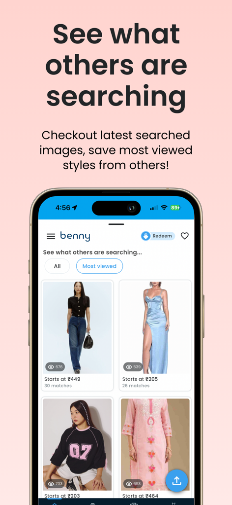 benny: AI fashion search - Interface of benny app showing popular fashion items searched by other users with prices and view counts