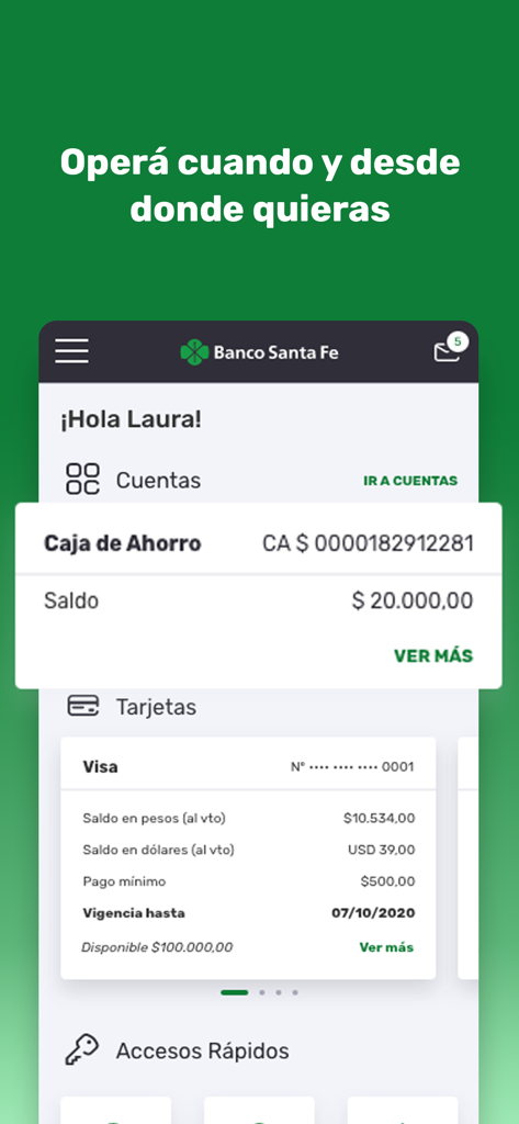 APP Banco Santa Fe - Panel móvil de la aplicación de Banco Santa Fe que muestra el saldo de la cuenta de ahorros y la información de la tarjeta de crédito