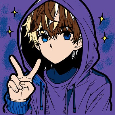 teenage manga boy in a hoodie, doing ✌