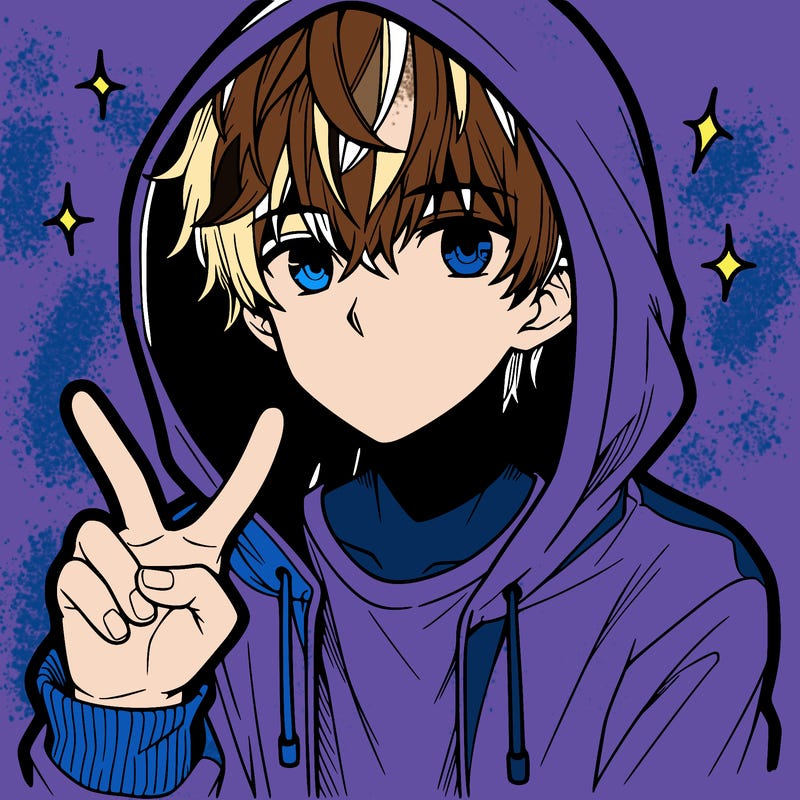 teenage manga boy in a hoodie, doing ✌
