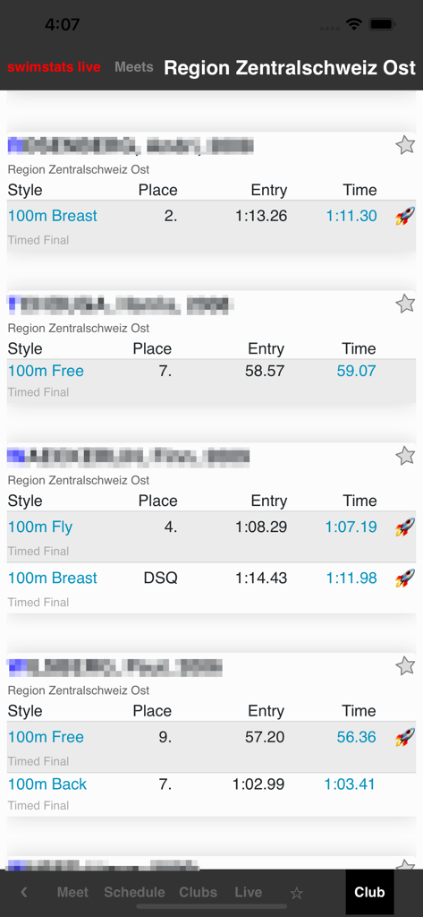 swimstats live - A screenshot of the swimstats live app showing competitive swimming results including swim styles rankings and finish times