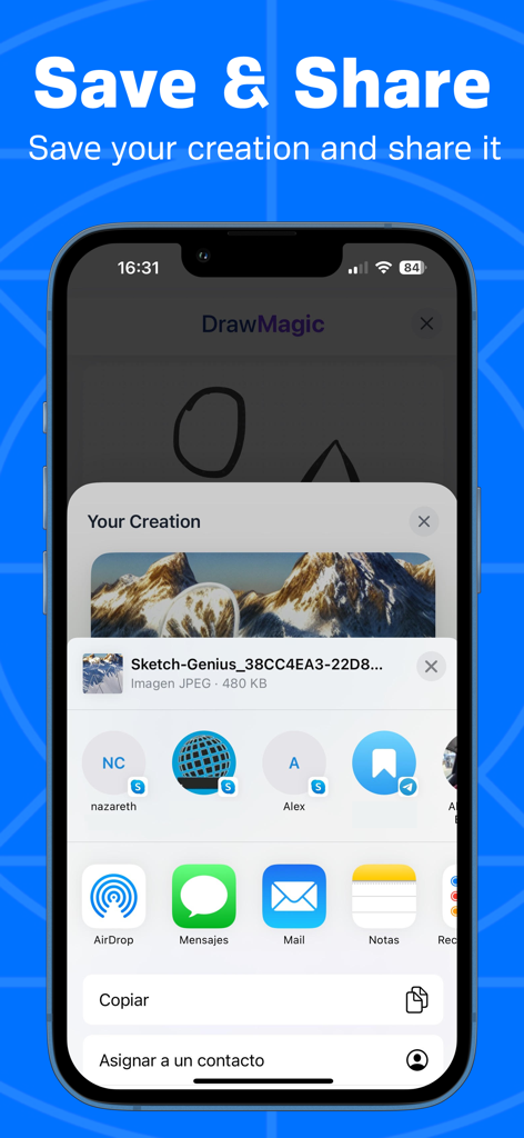 Una pantalla de smartphone que muestra la interfaz de guardar y compartir de la aplicación DrawMagic AI para una imagen generada por IA.