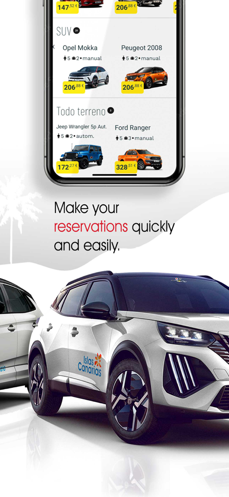 Cicar - Interfaz de la app móvil mostrando opciones de alquiler de SUVs y todoterrenos en Canarias con precios transparentes.