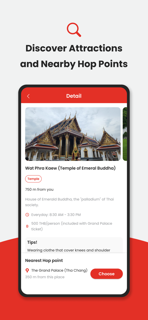 Tuk Tuk Hop - Tuk Tuk Hop app interface displaying attraction information for Wat Phra Kaew temple in Bangkok including opening hours and nearest hop points.
