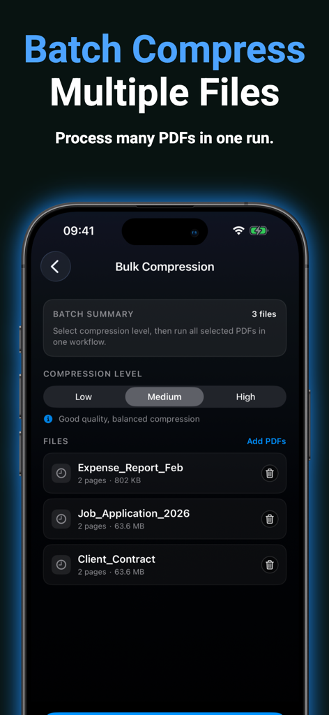 複数のPDFファイルを一度に処理するためのバルク圧縮機能を示すShrinkPDFアプリのスクリーンショット