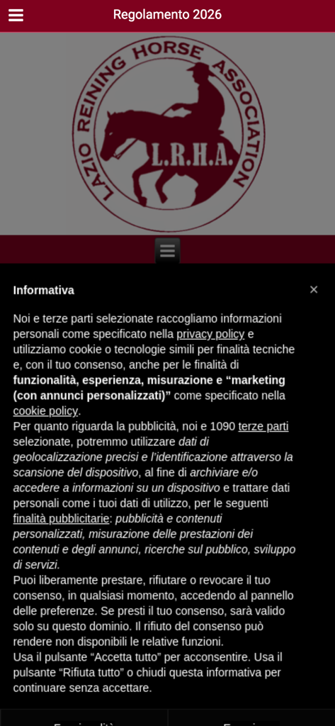 LRHA Lazio Reining - LRHA Lazio Reining app screen displaying the horse association logo and a privacy policy banner.