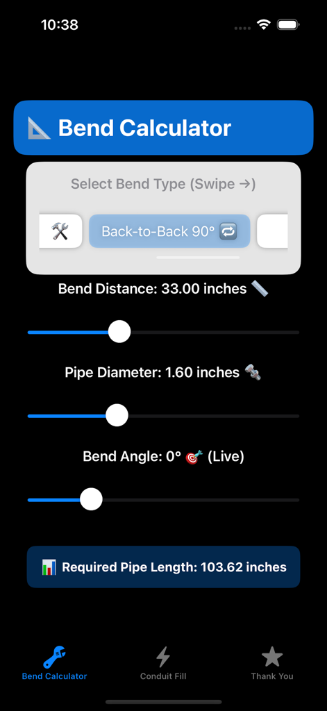 Interface of BendMaster app showing back-to-back ninety degree conduit bend calculations