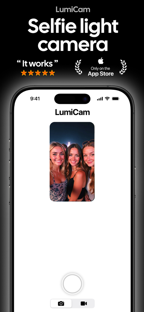 Litty Cam Selfie: LumiCam - LumiCam app interface displaying a group selfie of three friends with a white screen background acting as a soft light source